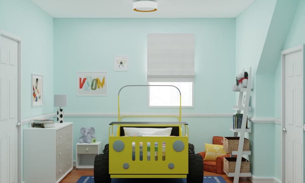 Noah’s bedroom comes with a car bed, designed in under 2K