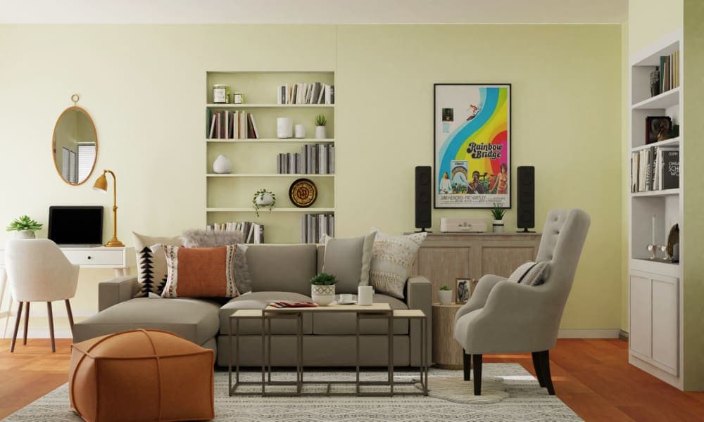 Triple duty - living room, dining room and a small work space, all in one