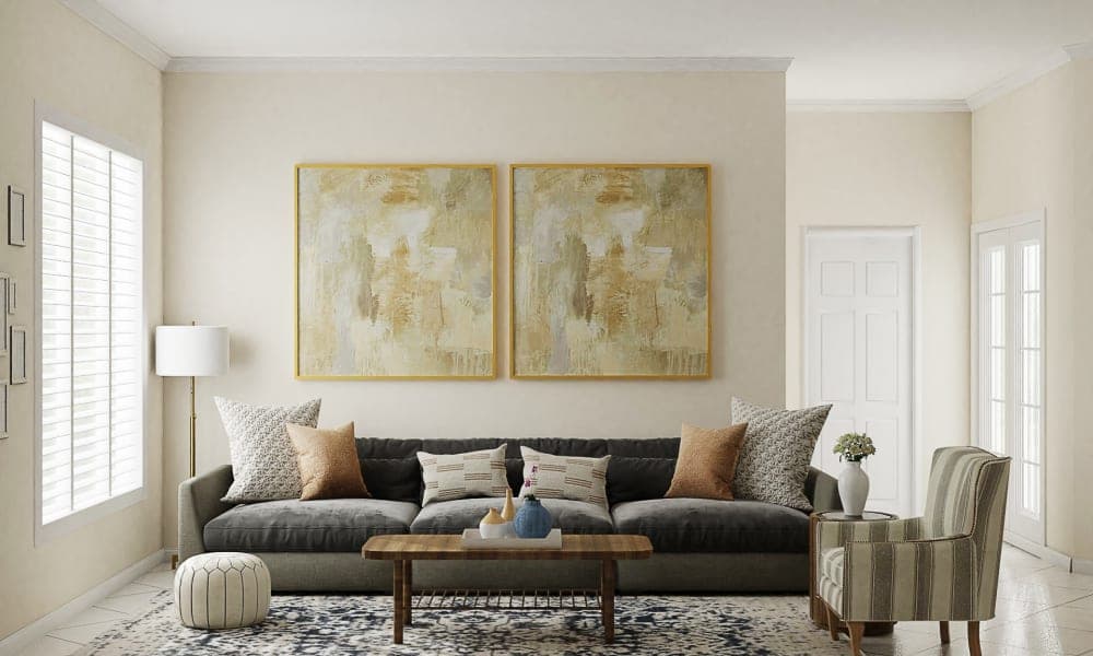 A classy living room that brings together Mid-Century Modern and French Country styles