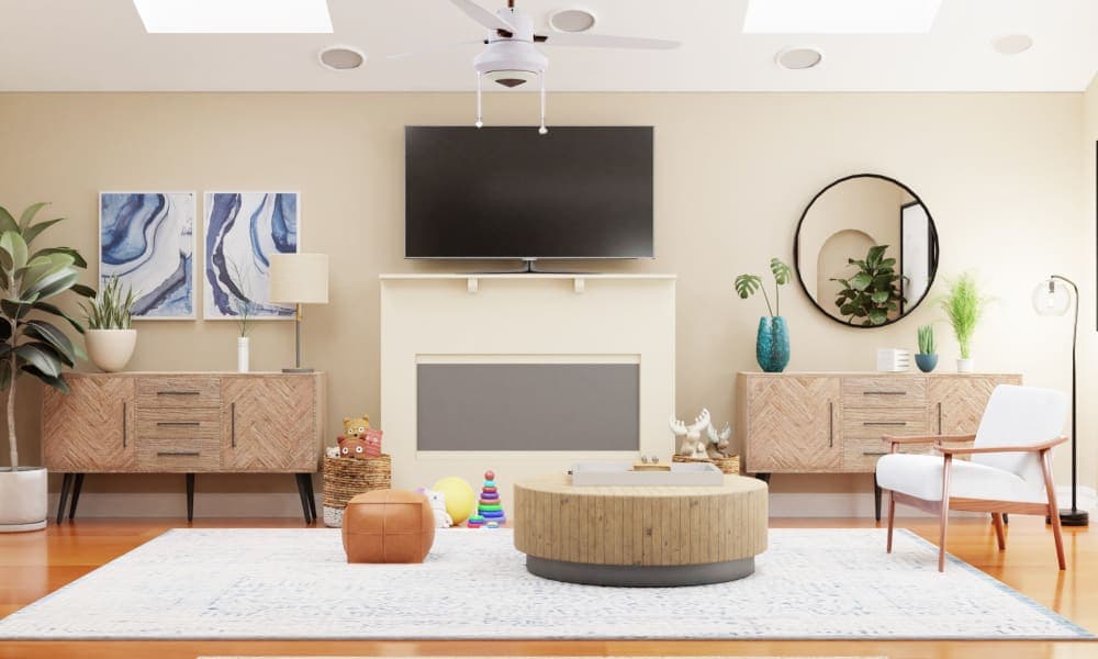 Blue Accent Sofa: Mid-Century Rustic Living Room