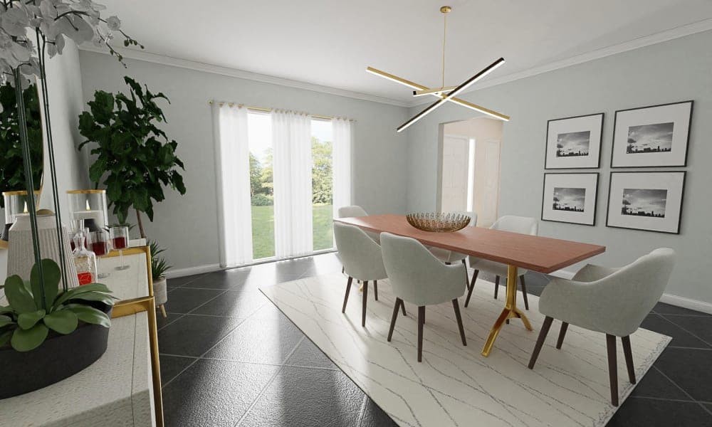 A light and bright dining room with a touch of hollywood glam