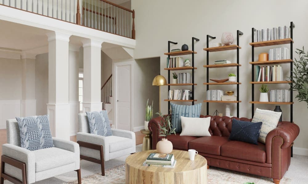 Statement Bookshelves:  Rustic Transitional Living Room