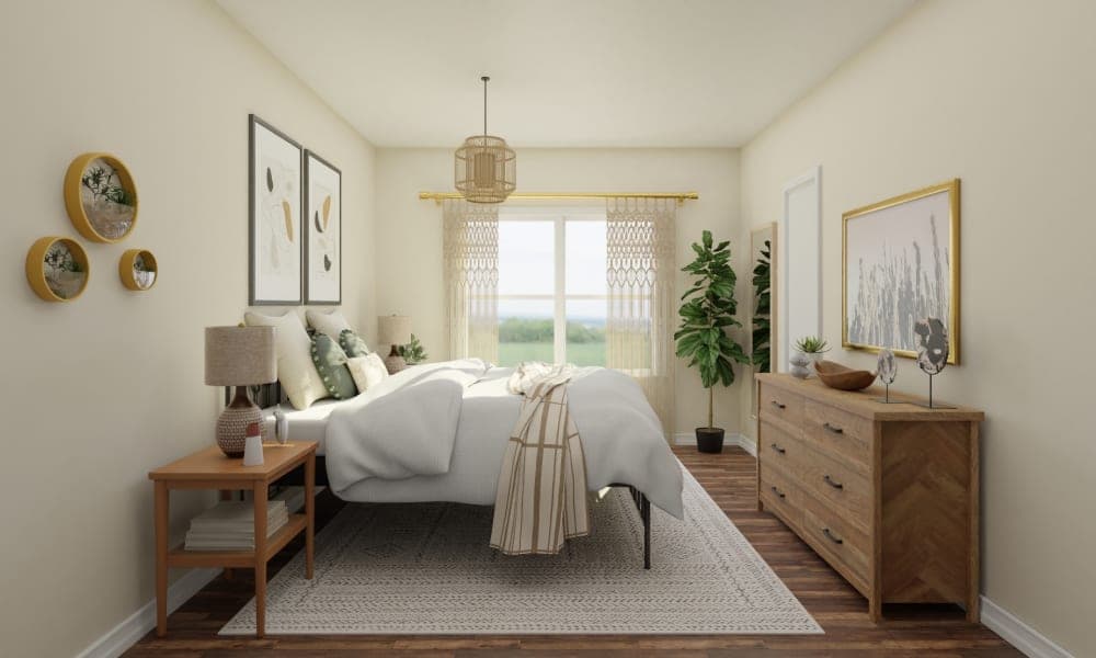 Mid-Century modern meets earthy bohemian in this cozy bedroom