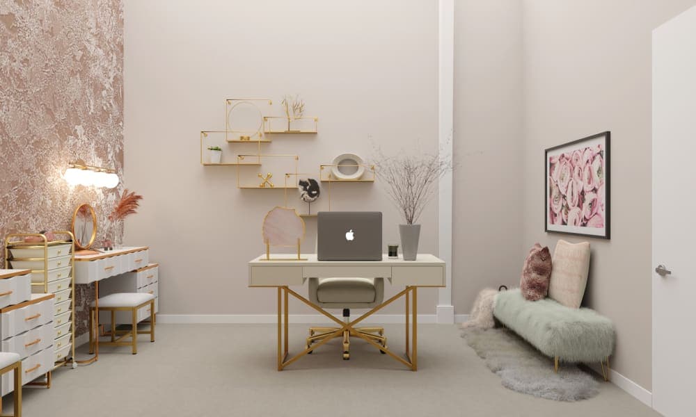Modern Glam Home Office with Built-in Makeup Studio