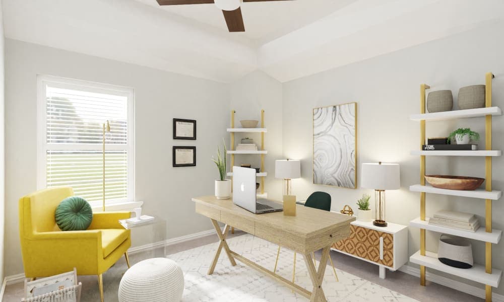 Monochromatic Eclectic Home Office with Bursts of Color