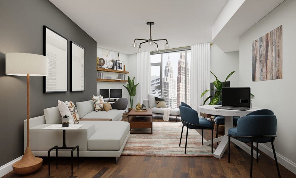 A Colorful And Efficient Industrial Modern Living-Dining Room