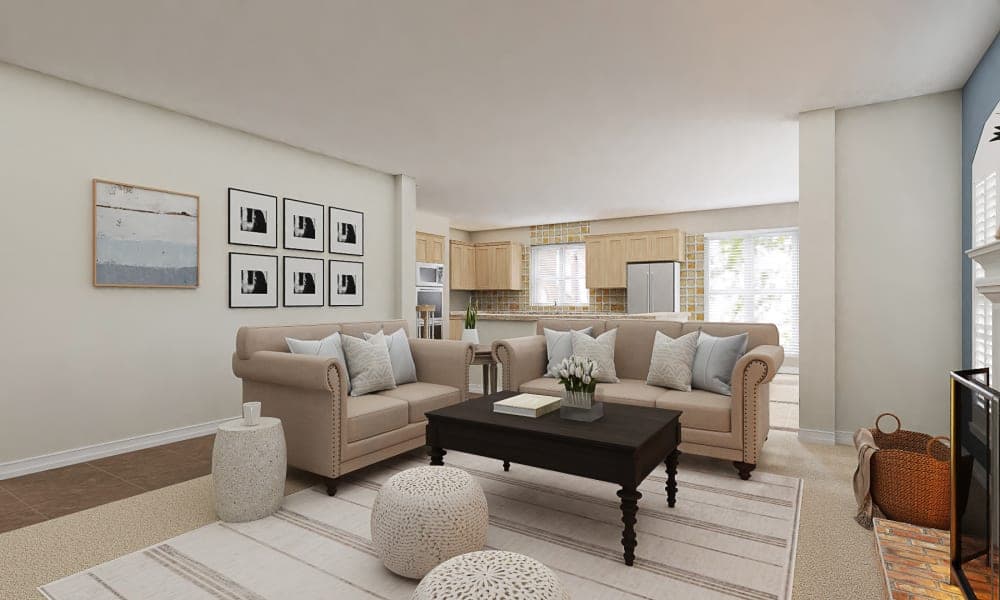 A Farmhouse Living Room With A Cozy Fireplace 