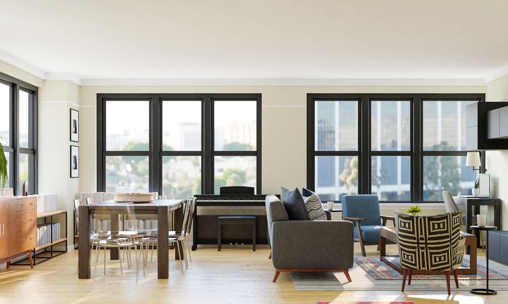 An Eclectic Living/Dining Room With A Wall Of Windows