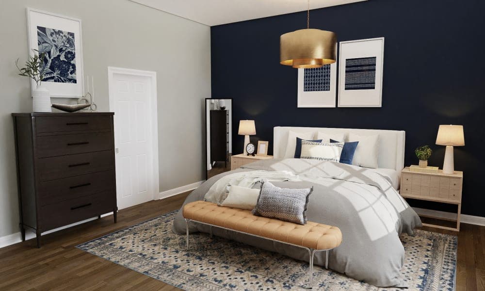A Modern Glam Bedroom In Nautical Hues 