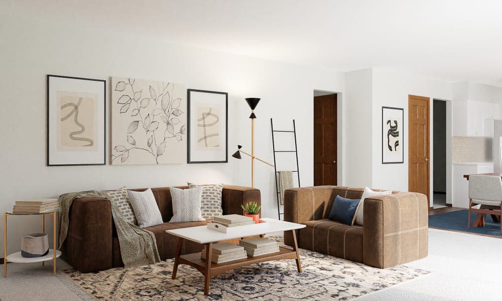 Checked Loveseats & Dramatic Walls: A Modern Living-Dining Room