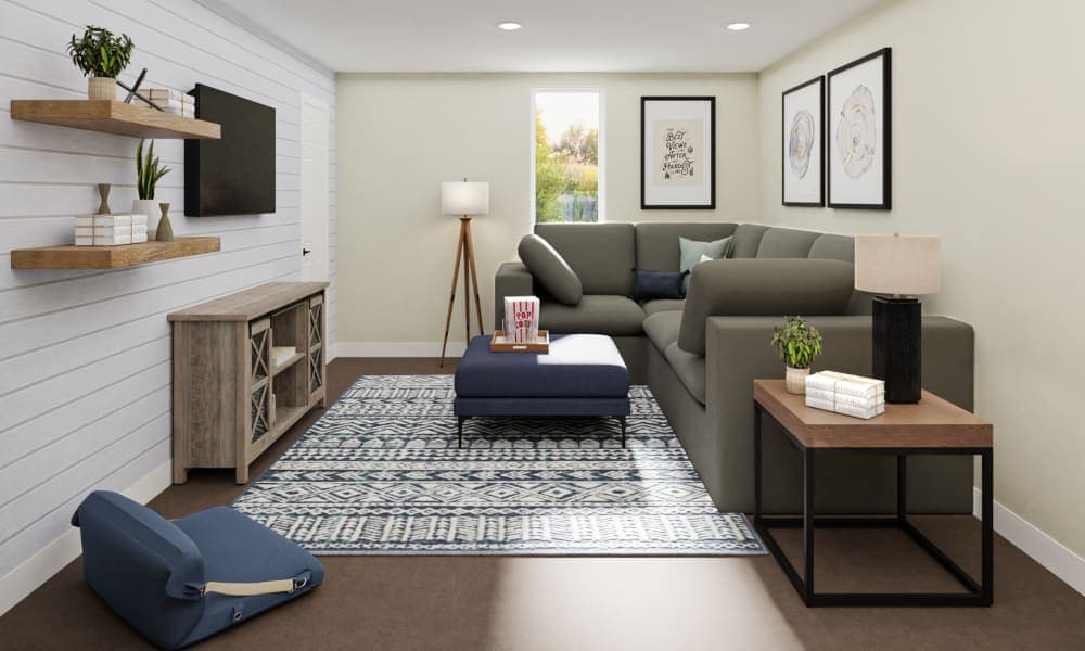 A Transitional Living Room With A Play Area For Kids