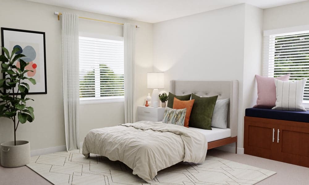 A Mid-Century Bedroom With A Glam Study Space