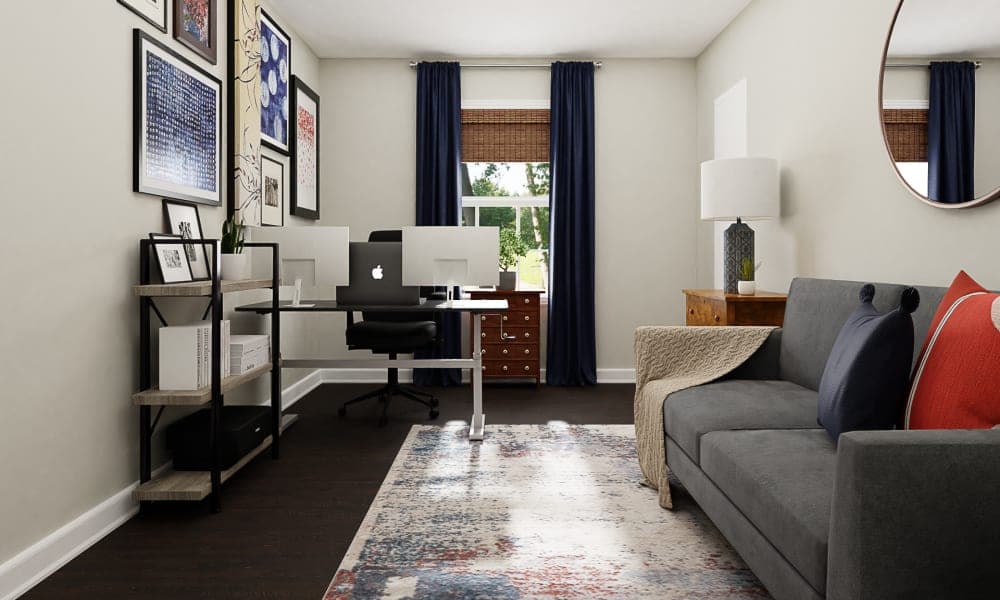 An Eclectic Home Office With A Vivid Gallery Wall