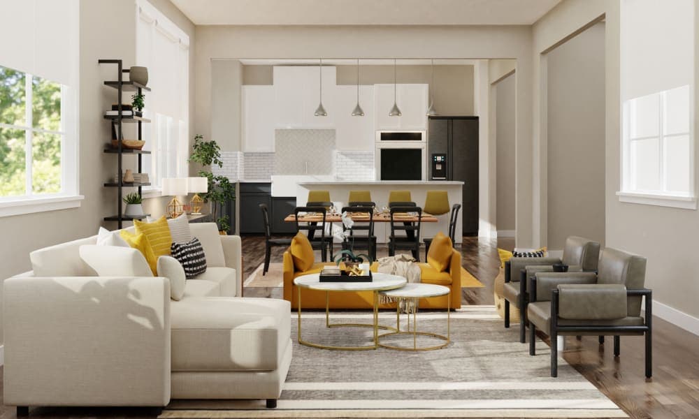 Industrial Glam Living Room With Mustard Accents
