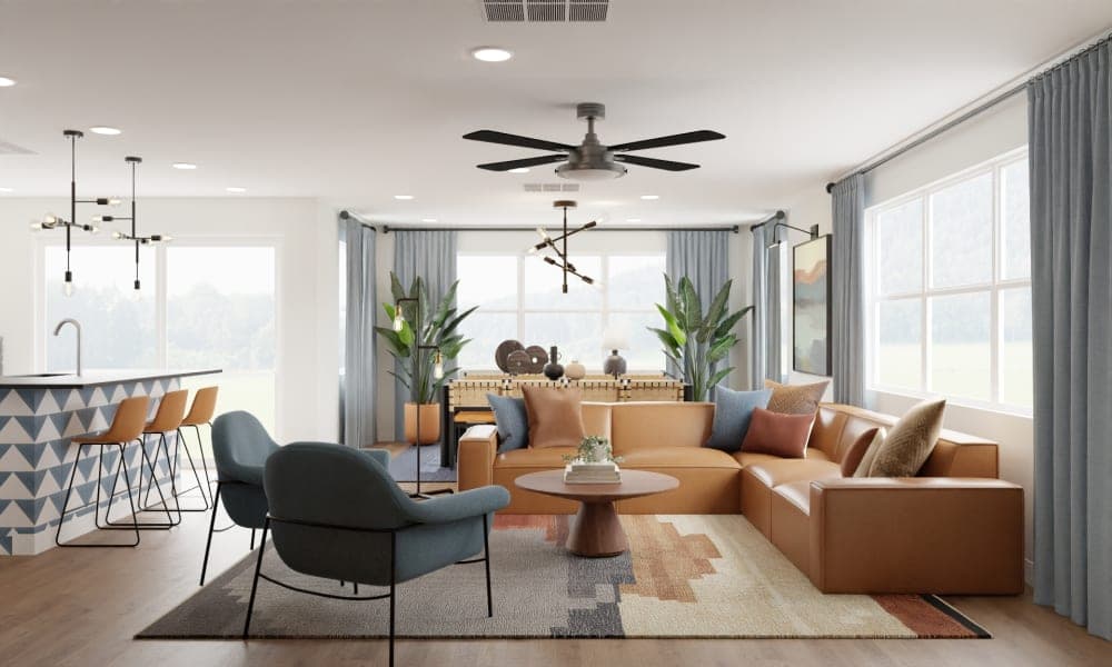 Mid-Century Modern Open Living Space with Leather Sectional