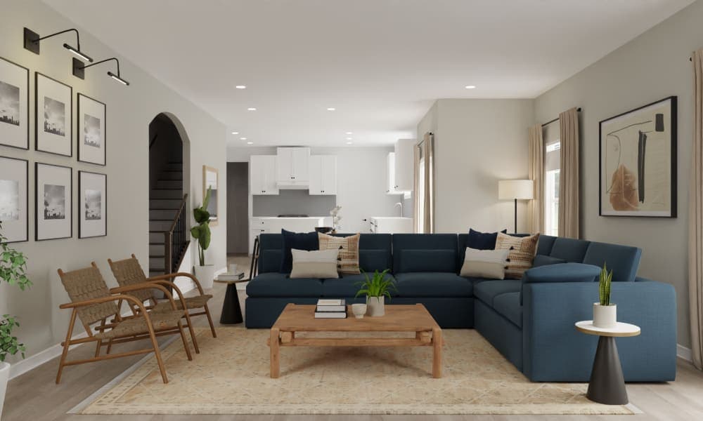 Transitional Eclectic Living Dining Area with Accent Wall