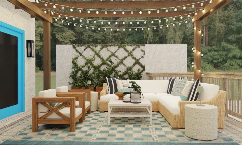 Patio Pergola with Warm Wood and Blue Accents