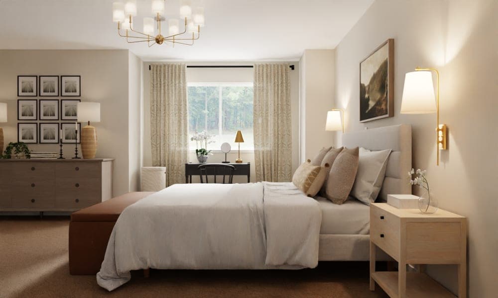 Timeless Neutral Bedroom with Brass Light Fixtures