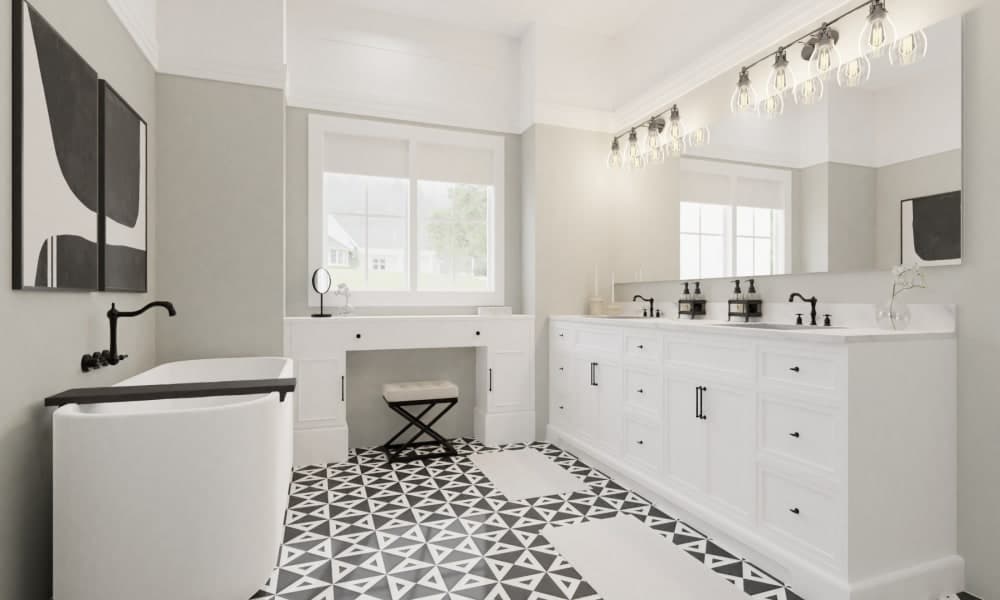 Black and White Bathroom with Vanity Area