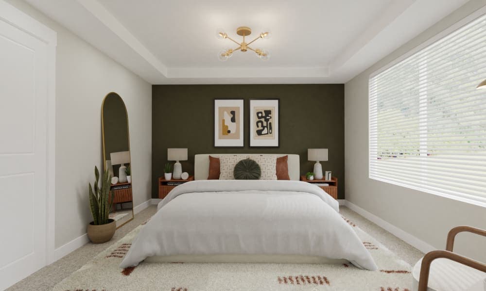 Mid Century Bedroom with Olive Accent Wall