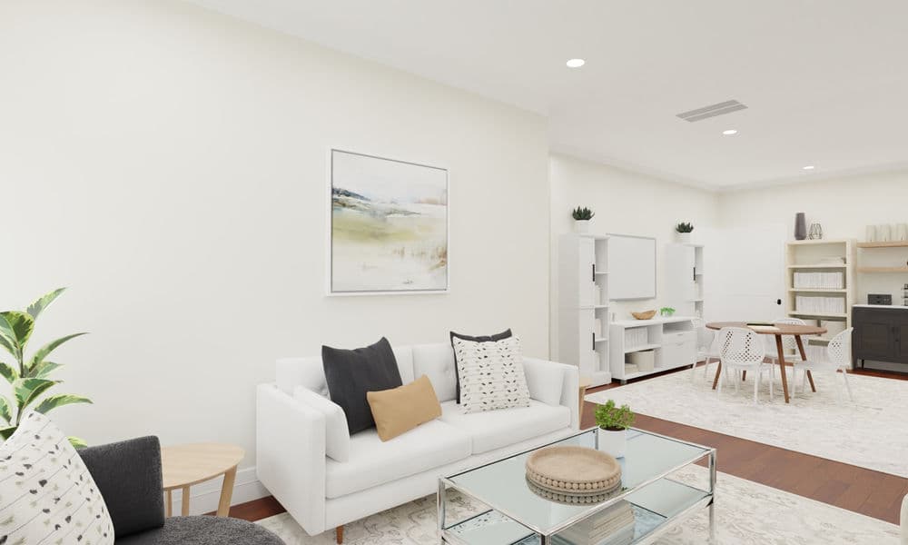 Coastal Casual Living Room with Open Study Area