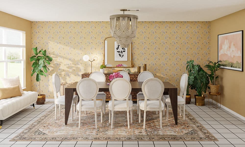 Dining Room Classic Elegance with Bronze Wallpaper