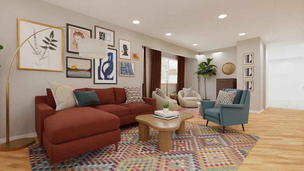 Eclectic Living Room with Earth Tones and Gallery Wall Gallery, Image 2