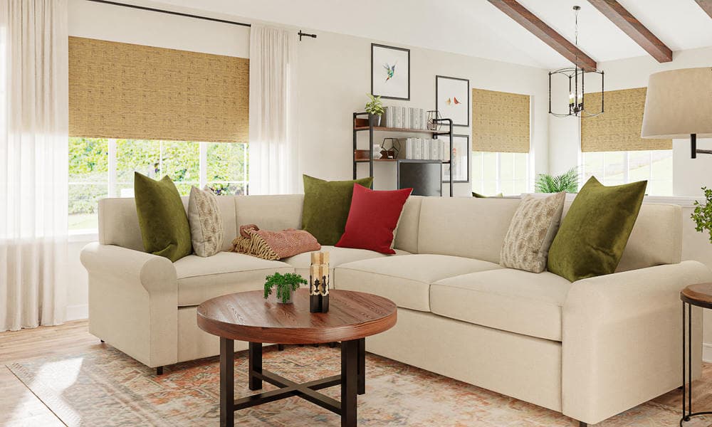 Elegant Living Room with Tall Curtains and Warm Tones