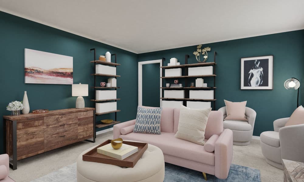 Living Room Mid-Century Modern with Library