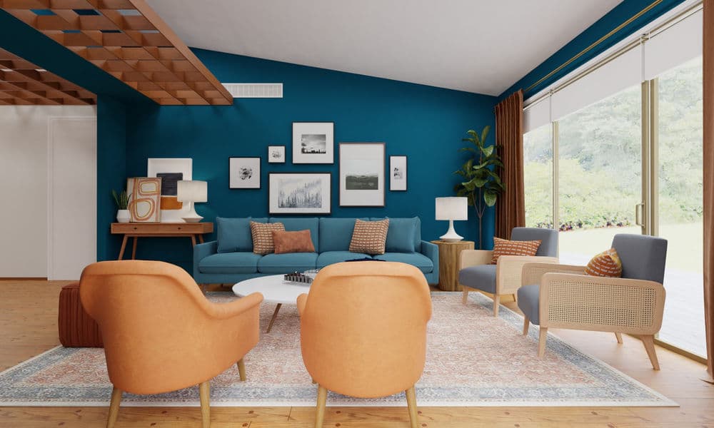 Living Room Mid-Century with Bold Blue Accents