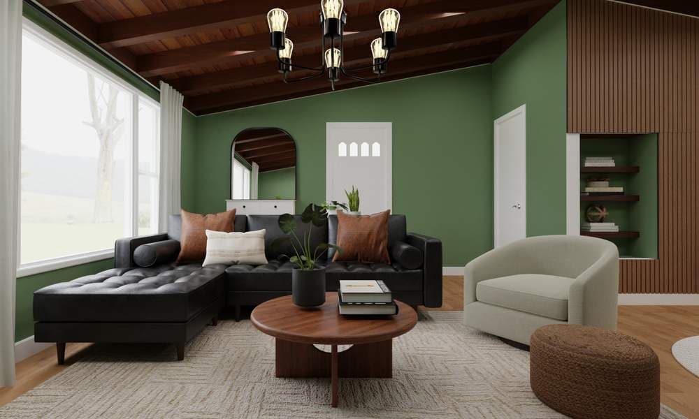 Mid-Century Living Room with Rich Green Walls