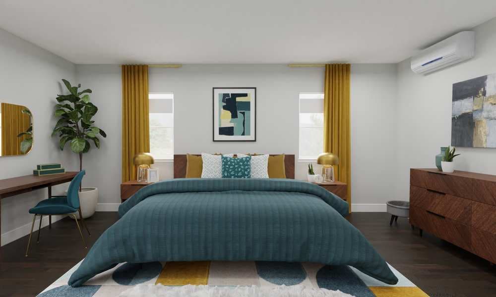 Modern Bedroom with Bold Colors and Warm Accents