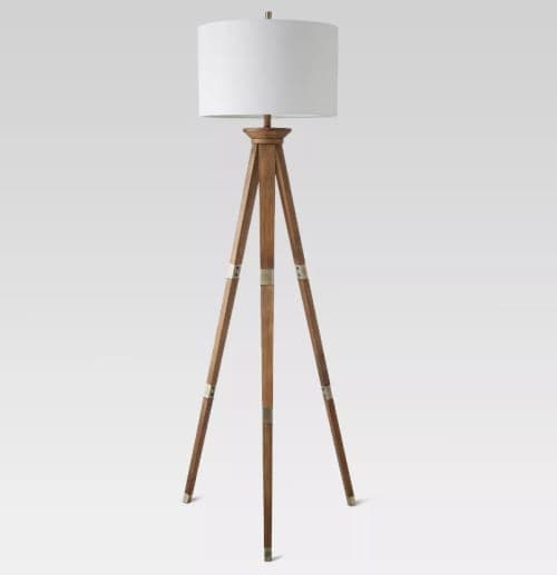 Oak Wood Tripod Floor Lamp Brass image